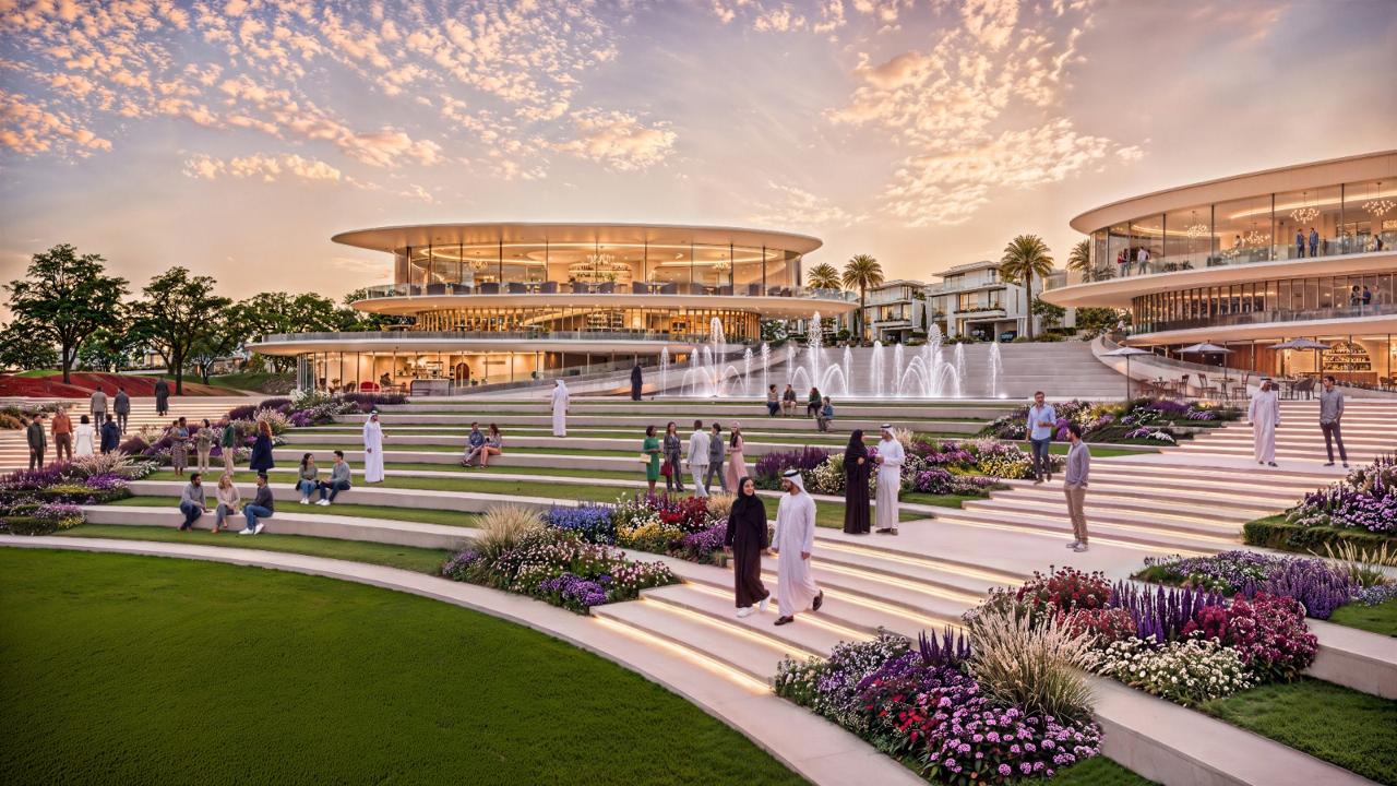 Azizi Florence Sharjah &mdash; the residents' clubhouse and amphitheatre steps at sunset