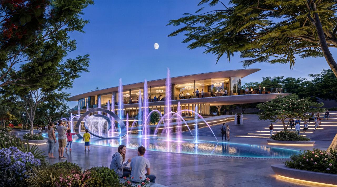Azizi Florence Sharjah &mdash; the clubhouse and dancing fountains at night