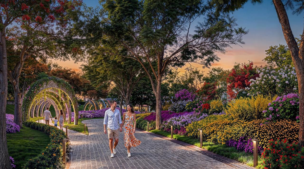 Azizi Florence Sharjah &mdash; the floral archway walk at sunset