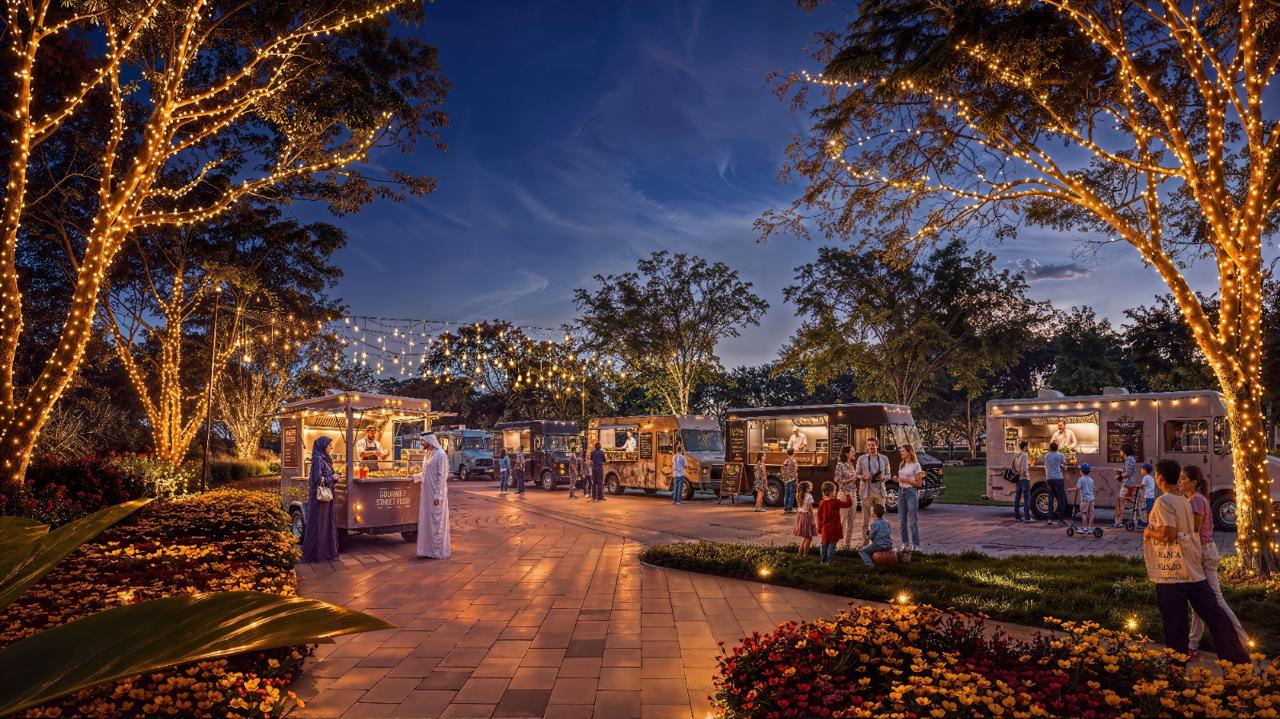 Azizi Florence Sharjah &mdash; the food truck park under festoon lighting