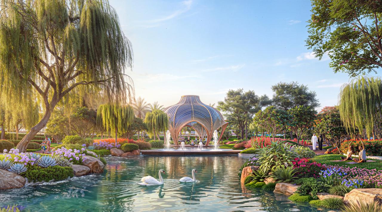 Azizi Florence Sharjah &mdash; the park lake and pavilion fountain