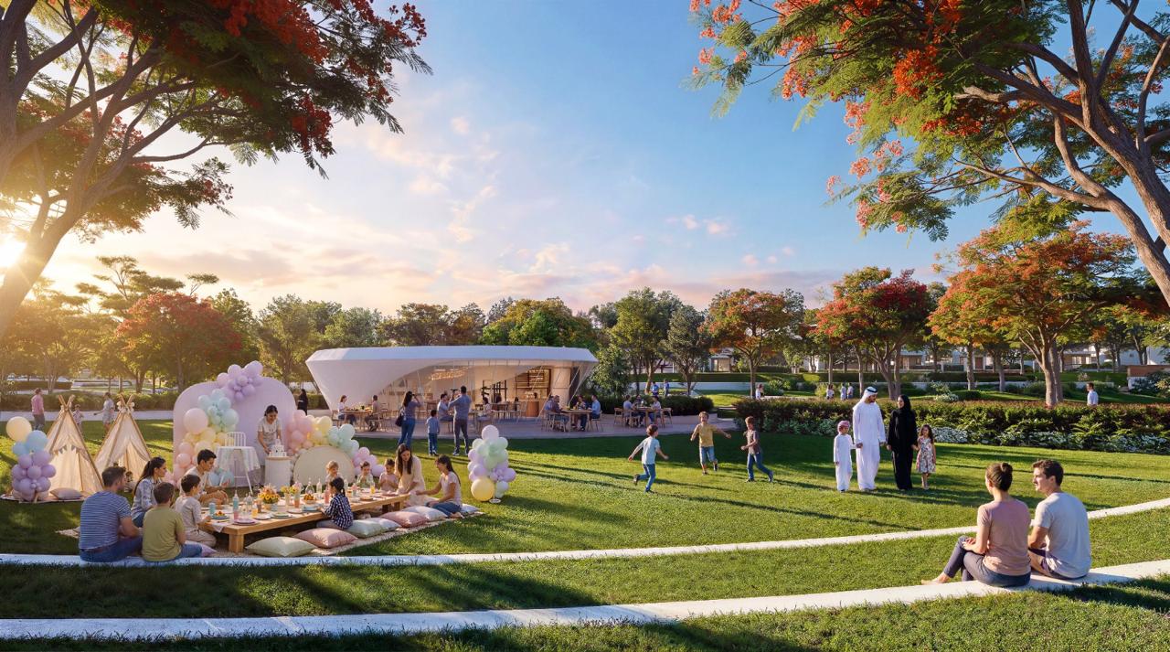 Azizi Florence Sharjah &mdash; the park lawn set for events, with the pavilion cafe beyond