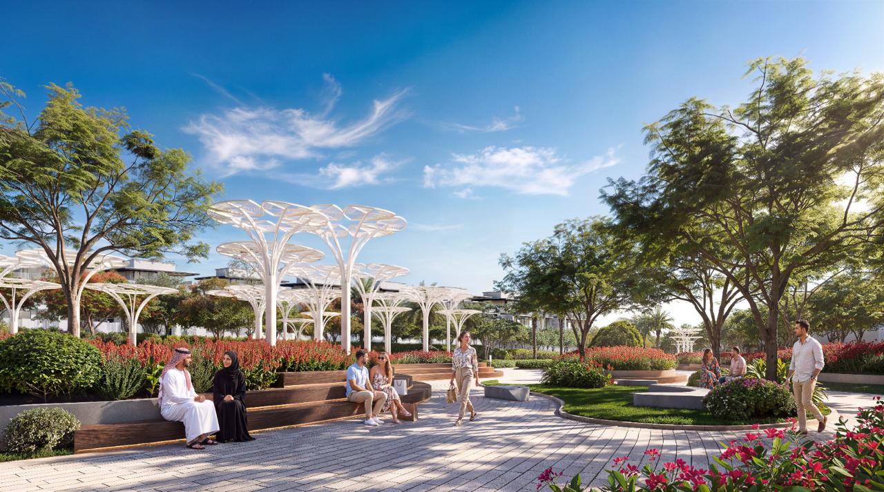 Azizi Florence Sharjah &mdash; the shaded plaza with canopy structures and seating