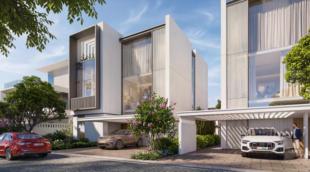 Azizi Florence Sharjah &mdash; a corner villa elevation with mesh screens